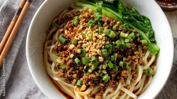 Fototapeta Authentic Spicy Dan Dan Noodles Recipe with Savory Ground Pork