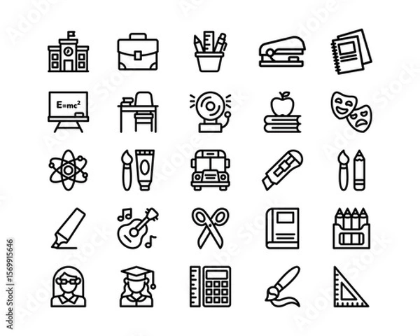 Fototapeta School line icon set. Education vector icons. Includes supplies, subjects, teacher and student symbols. Perfect for infographics, web, and apps.