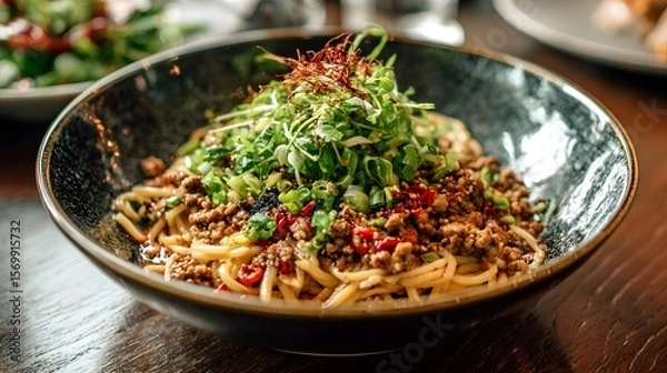 Fototapeta Authentic Spicy Dan Dan Noodles Recipe with Savory Ground Pork