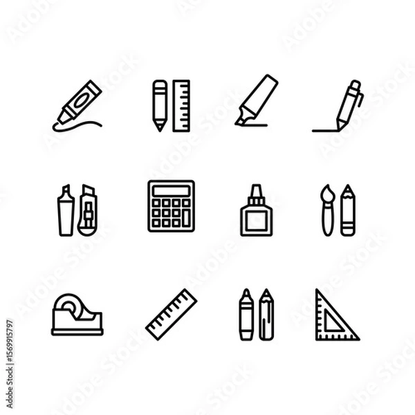 Fototapeta Stationery supplies line icon set. Education vector icons. Includes ruler, marker pen, calculator and paper glue symbols. Perfect for infographics, web, and apps.