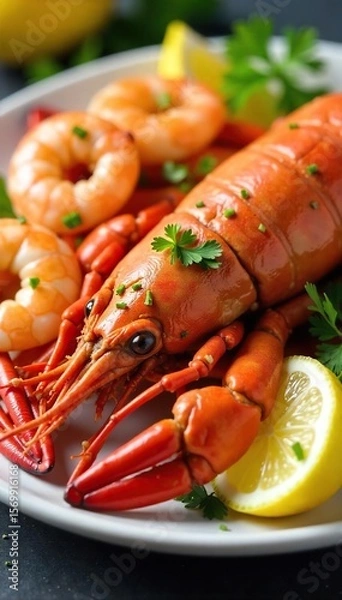 Obraz Luxurious Seafood Platter Fresh Shrimp, Lobster, and Crab for Summer Dining