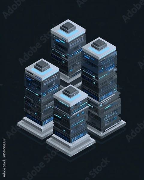 Fototapeta Futuristic Data Center: Isometric Server Towers