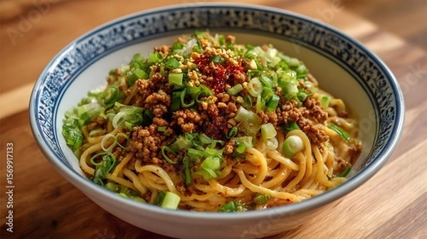 Fototapeta Authentic Spicy Dan Dan Noodles Recipe with Savory Ground Pork