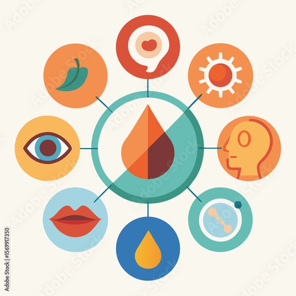 Fototapeta A vector illustration of human senses and a water drop in a colorful circular diagram, representing sensory perception