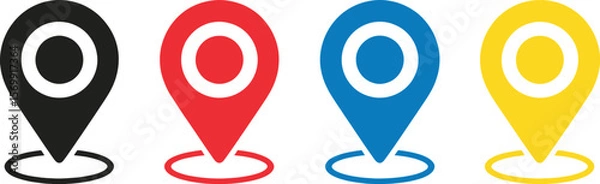 Obraz Black red blue yellow location pin symbols with concentric circles map marker pointer