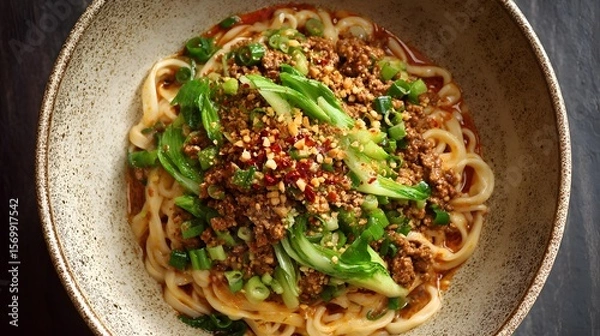 Fototapeta Authentic Spicy Dan Dan Noodles Recipe with Savory Ground Pork