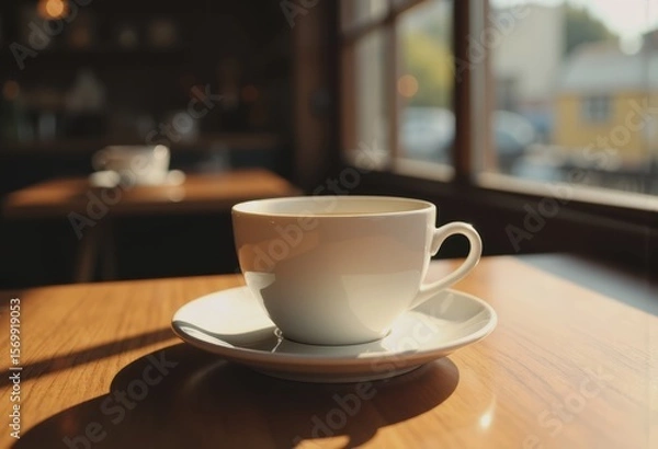 Obraz Simple ceramic coffee cup floating above a saucer in a cozy café setting