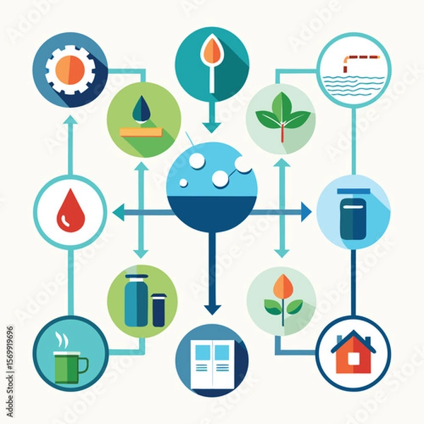 Fototapeta Abstract illustration of circular information flow depicting various stages of production and resources for sustainability.