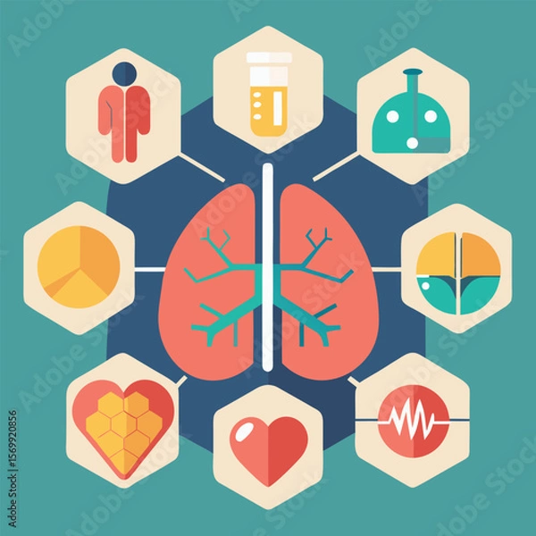 Fototapeta An illustration depicting human health and anatomy showing lungs and internal organs with icons