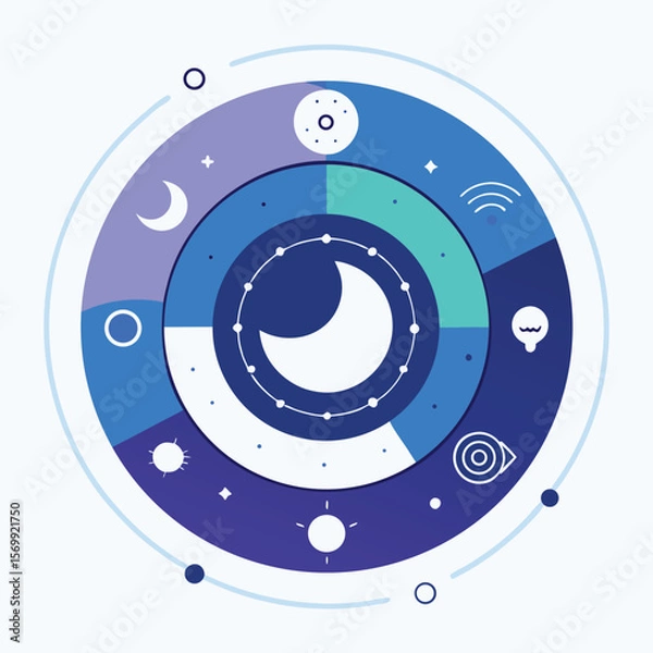 Fototapeta Circular diagram illustrating night and day concepts represented by sun moon stars and related icons