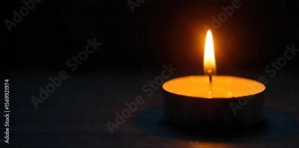 Obraz Warm Yellow Candlelight Glow Close-up of a Single Candle Being Lit, Soft Illumination Against Dark Background. Perfect for Relaxation, Meditation, Spiritual, and Home Decor Themes.