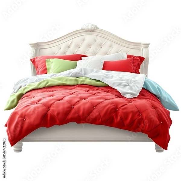 Obraz A white bed with a tufted headboard is dressed in red, green, and white bedding