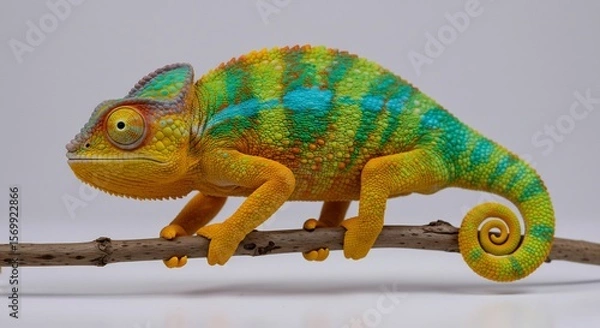 Fototapeta Vibrant chameleon subtly perched on branch soft light illuminating its scales. AI Generated