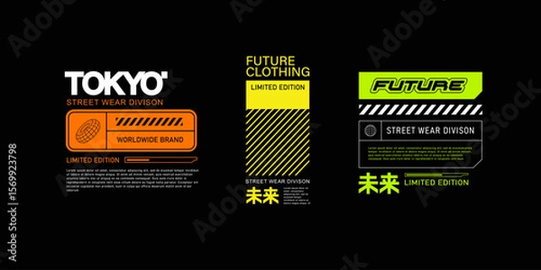 Fototapeta Concept of futuristic abstract logotypes set and sci-fi elements for streetwear fashion, silkscreen and clothing printing design - editable vector background in acid pink colors