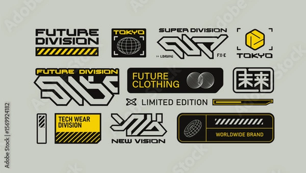 Fototapeta Concept of abstract futuristic logo stickers in cyberpunk style and sci-fi elements in techno style for street wear fashion, silkscreen and clothing printing design - editable vector background 