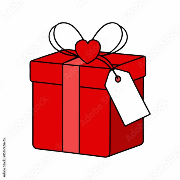 Obraz Red Gift Box with Ribbon Bow and Heart Tag Vector