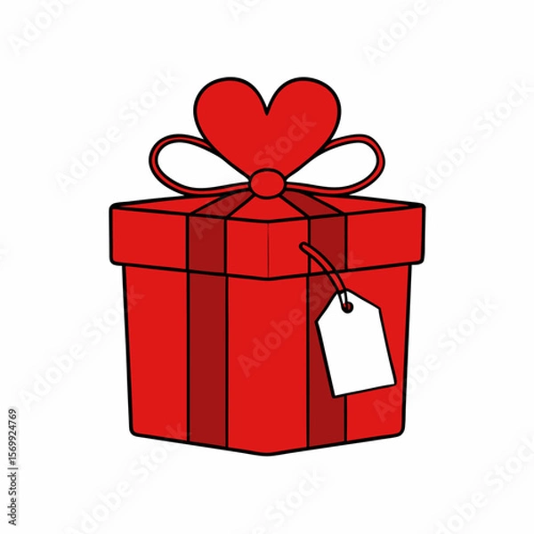 Obraz Red Gift Box with Ribbon Bow and Heart Tag Vector