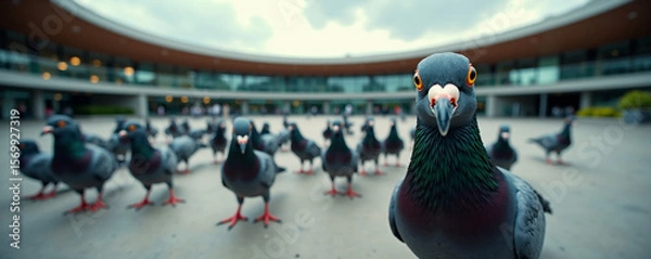 Fototapeta Flock of pigeons gathering in a plaza with one pigeon curiously pecking towards the lens