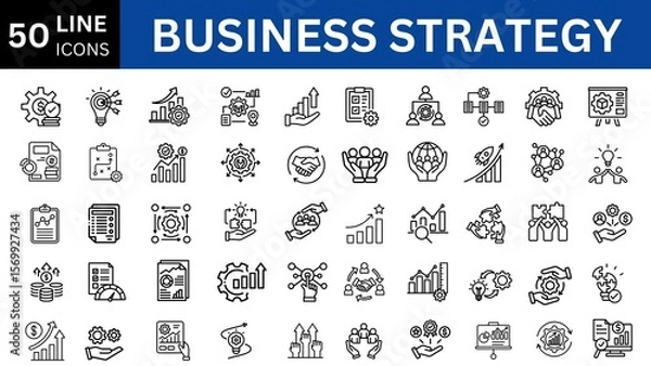 Fototapeta Business strategy set of web icons in line style. business concepts, including market analysis, strategy, leadership, innovation, planning. Editable stroke