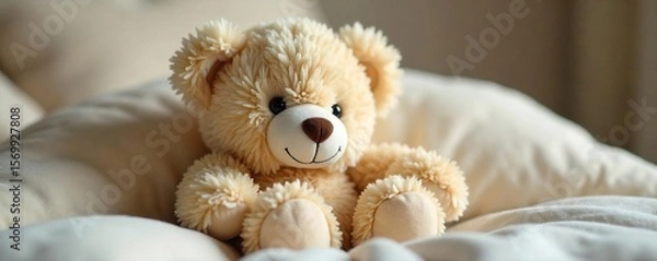 Obraz Serene Plush Teddy Bear Resting on a Neutral Cushion Peaceful Relaxation and Gentle Comfort