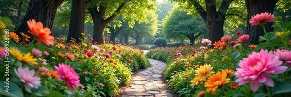 Obraz Discover a Whimsical Hidden Park Vibrant Flowers, Playful Sculptures, and Secret Pathways Create a Magical Atmosphere of Serene Delight.  Perfect for escapism and joyful exploration.