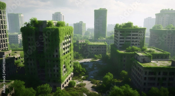 Fototapeta Green roofs on city buildings. Sustainable urban architecture with plants on skyscrapers. Eco-friendly design for reducing carbon footprint. Future of metropolitan areas concept