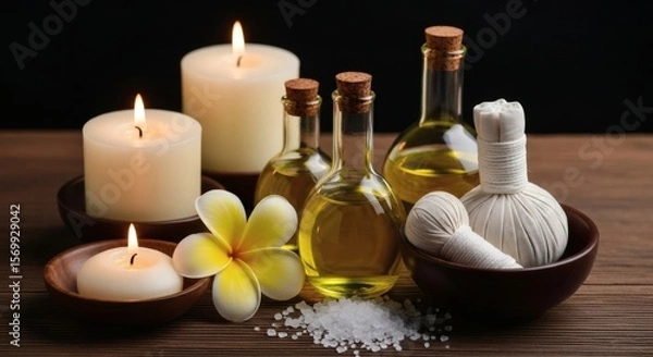 Fototapeta Tranquil Spa Setting with Essential Oils, Candles, and Herbal Compress