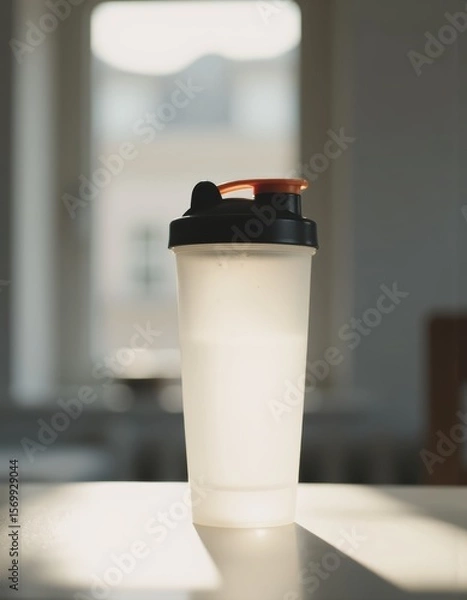 Obraz Blank plastic shaker bottle being shaken by a hand in a bright setting
