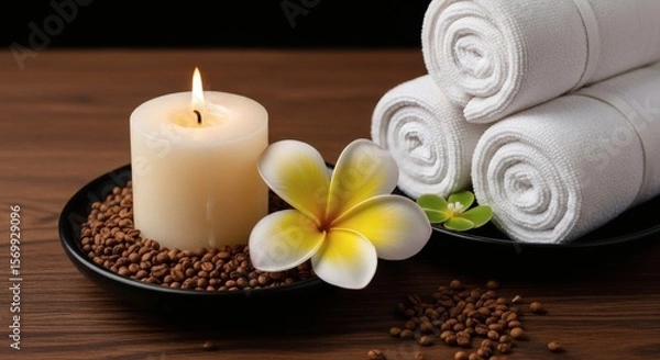 Fototapeta Serene Spa Setting: Candlelight, Plumeria, and Rolled Towels