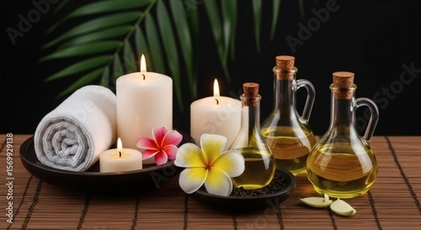 Fototapeta Serene Spa Setting with Candles, Oils, and Flowers