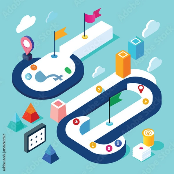 Fototapeta Isometric illustration of a winding path with flags markers and colorful geometric elements on a bright blue background.