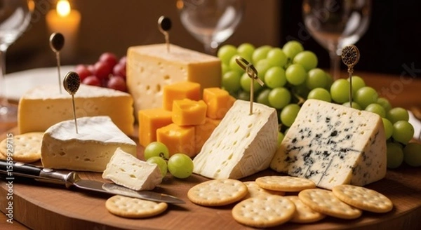 Fototapeta Gourmet Cheese and Cracker Platter with Grapes for Wine Pairing