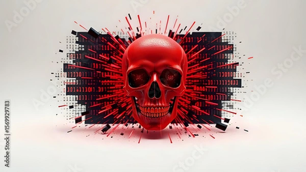 Fototapeta Cyber Attack in Progress,3D scene of a red digital skull shattering a firewall wall.