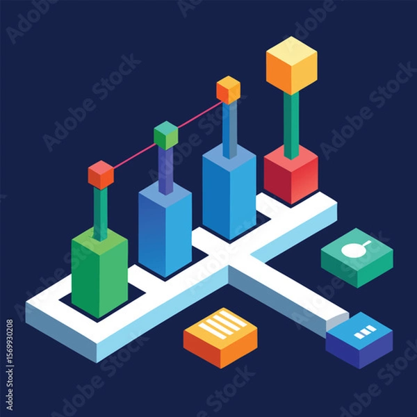 Fototapeta Modern isometric data visualization depicting business growth and progress using geometric shapes on a dark blue background.