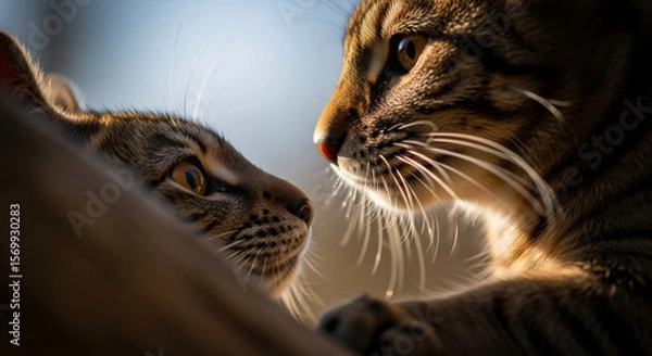 Fototapeta Two cats face to face in intimate moment. Close-up portrait of feline friendship. Pet bonding and animal companionship concept. Emotional connection between domestic animals.