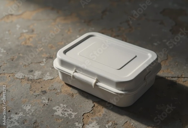 Fototapeta Blank plastic lunchbox on a textured table surface, ideal for food storage