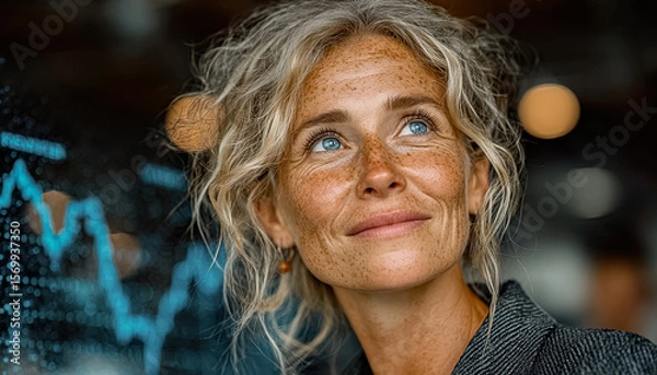 Fototapeta Portrait of a freckled woman with hopeful gaze in front of data chart in a corporate setting Generated with AI
