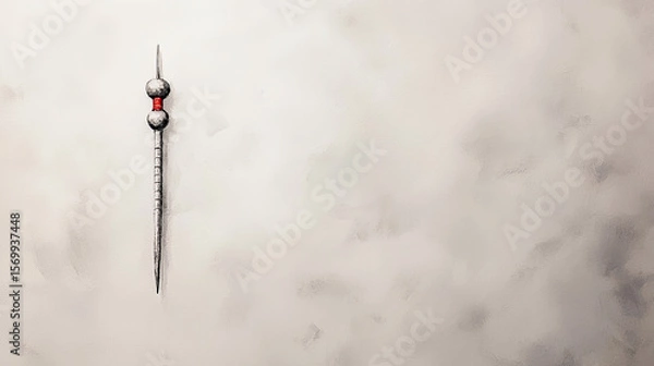 Fototapeta Illustration of a stylized vertical pin with two metal spheres and red thread on a neutral background Generated with AI