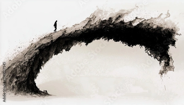 Fototapeta Silhouette walking on organic arch of black strokes and ethereal mists in a minimalist monochrome landscape Generated with AI