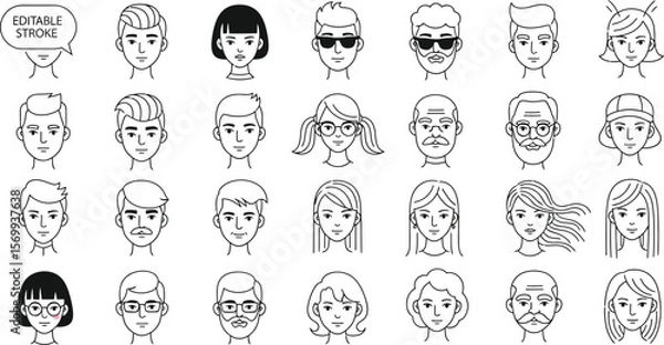 Obraz Diverse people faces vector collection editable stroke line art portraits