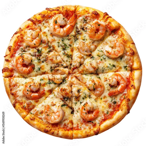 Fototapeta Deliciously prepared shrimp and cheese pizza with fresh herbs sliced and ready to serve isolated on transparent background
