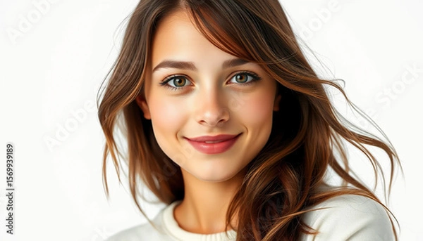 Fototapeta An image of a 20-30 year old European woman in profile, intended for use as an avatar on social media. Her hair is long, loose, slightly wavy, and chestnut-colored