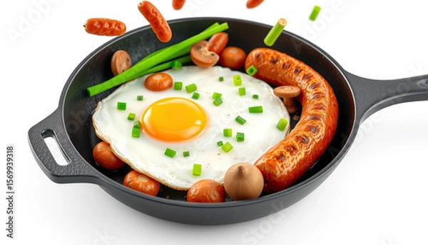 Fototapeta Fried egg in a frying pan with sausages, mushrooms and green onions. 3D rendering. Cast iron frying pan with flying vegetables and meat on a white background. Breakfast and home cooking concept. 3D il