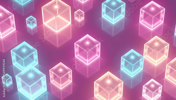 Fototapeta Holographic translucent cube with pastel gradient colors floating on black background, 3D rendering, soft neon glow, high resolution