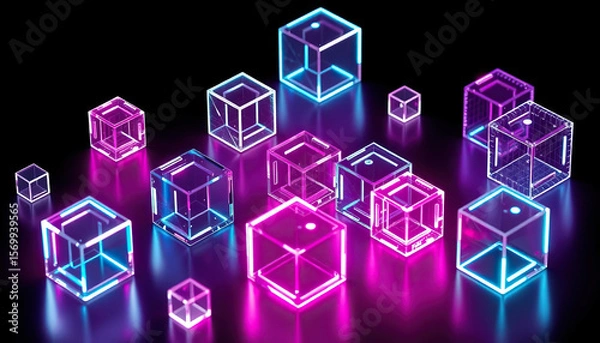 Fototapeta Holographic translucent cube with pastel gradient colors floating on black background, 3D rendering, soft neon glow, high resolution