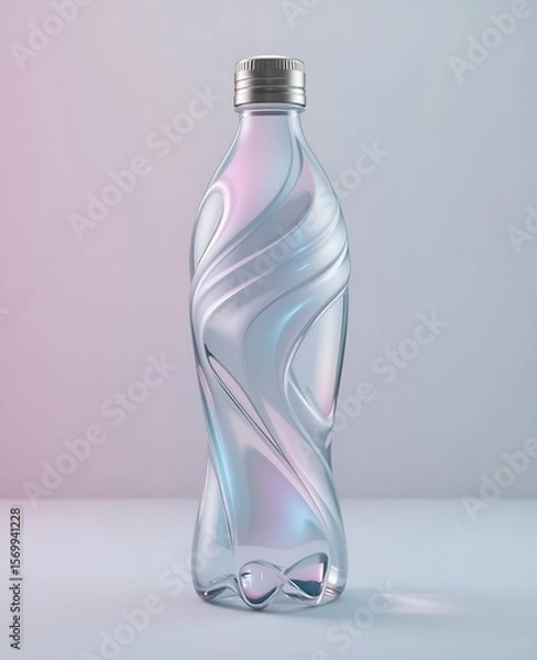 Fototapeta A sleek 3D water bottle design with flowing lines and iridescent accents, showcased against a minimalist, pastel backdrop.