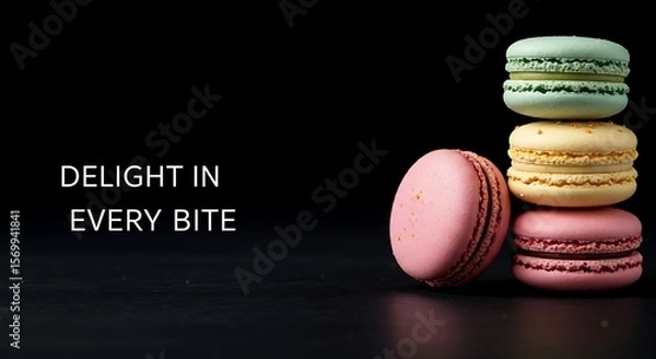 Fototapeta Colorful macarons stacked on a dark surface with text overlay  