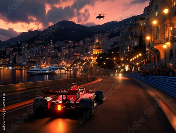 Fototapeta A red Formula 1 car speeds down a coastal city track at dusk, with yachts and a helicopter in the background. The image captures high-octane excitement with vibrant city lights and a purple-pink sky o