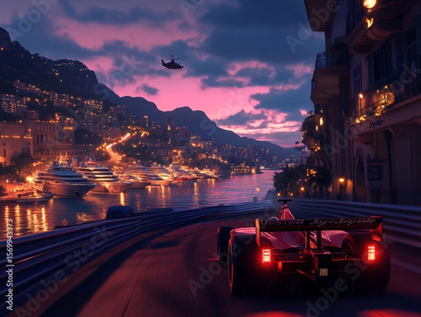 Fototapeta A red Formula 1 car speeds down a coastal city track at dusk, with yachts and a helicopter in the background. The image captures high-octane excitement with vibrant city lights and a purple-pink sky o