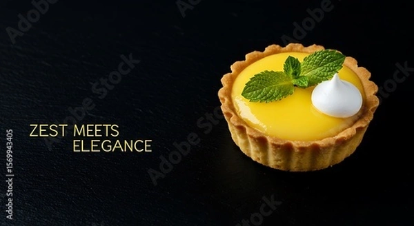 Fototapeta Lemon tart dessert with mint garnish on black background  